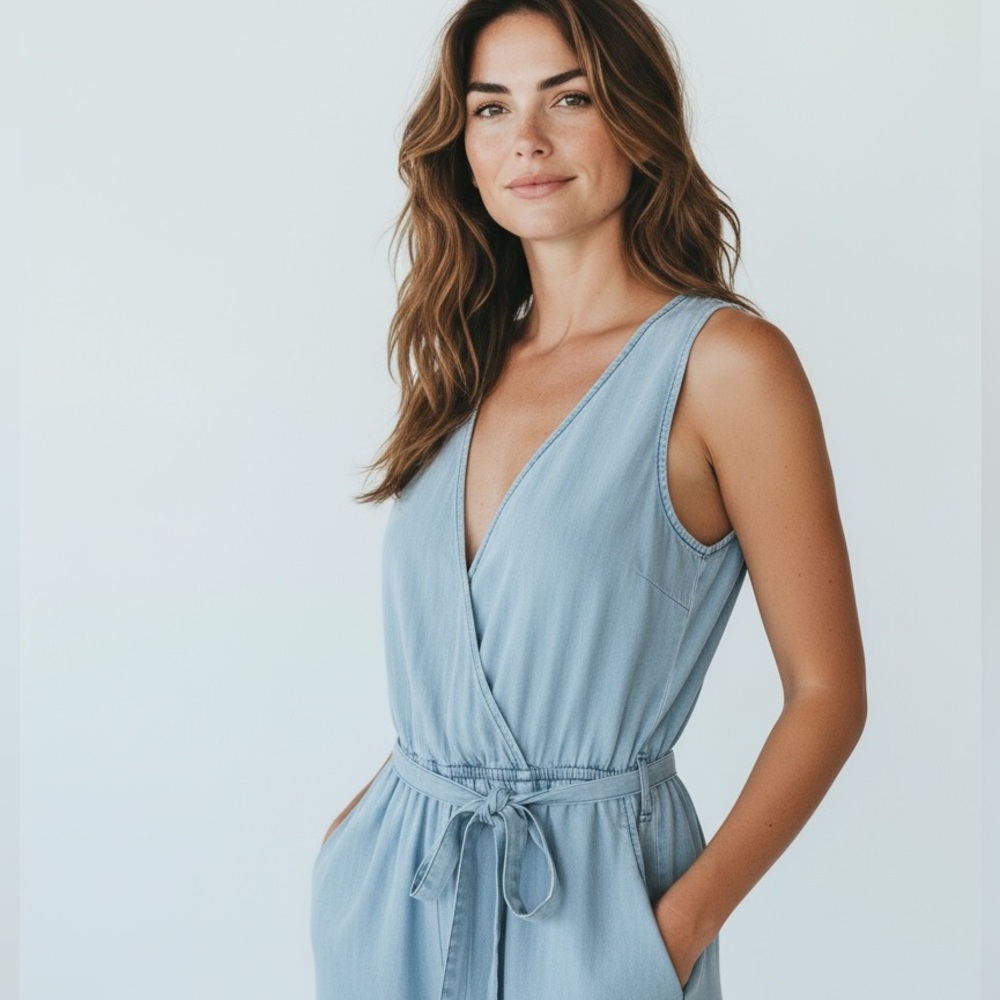 Altar’d State Chambray Tencel Jumpsuit Small Sleeveless Tie Waist - Picture 4 of 15